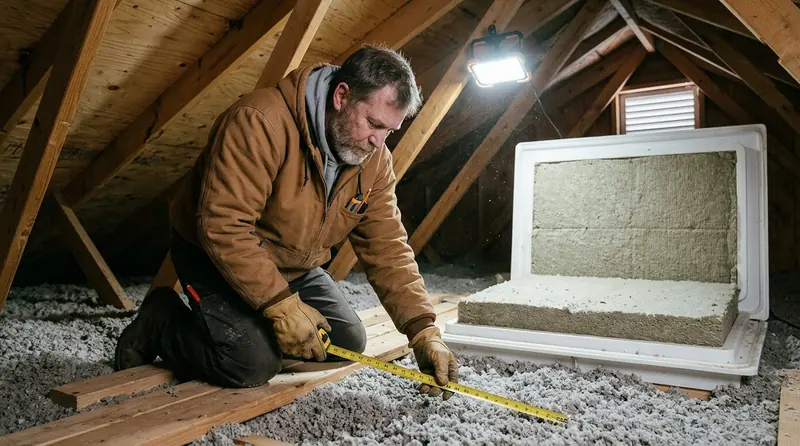 Artisan RGE mesurant l'épaisseur d'isolant dans des combles perdus dans le Eure